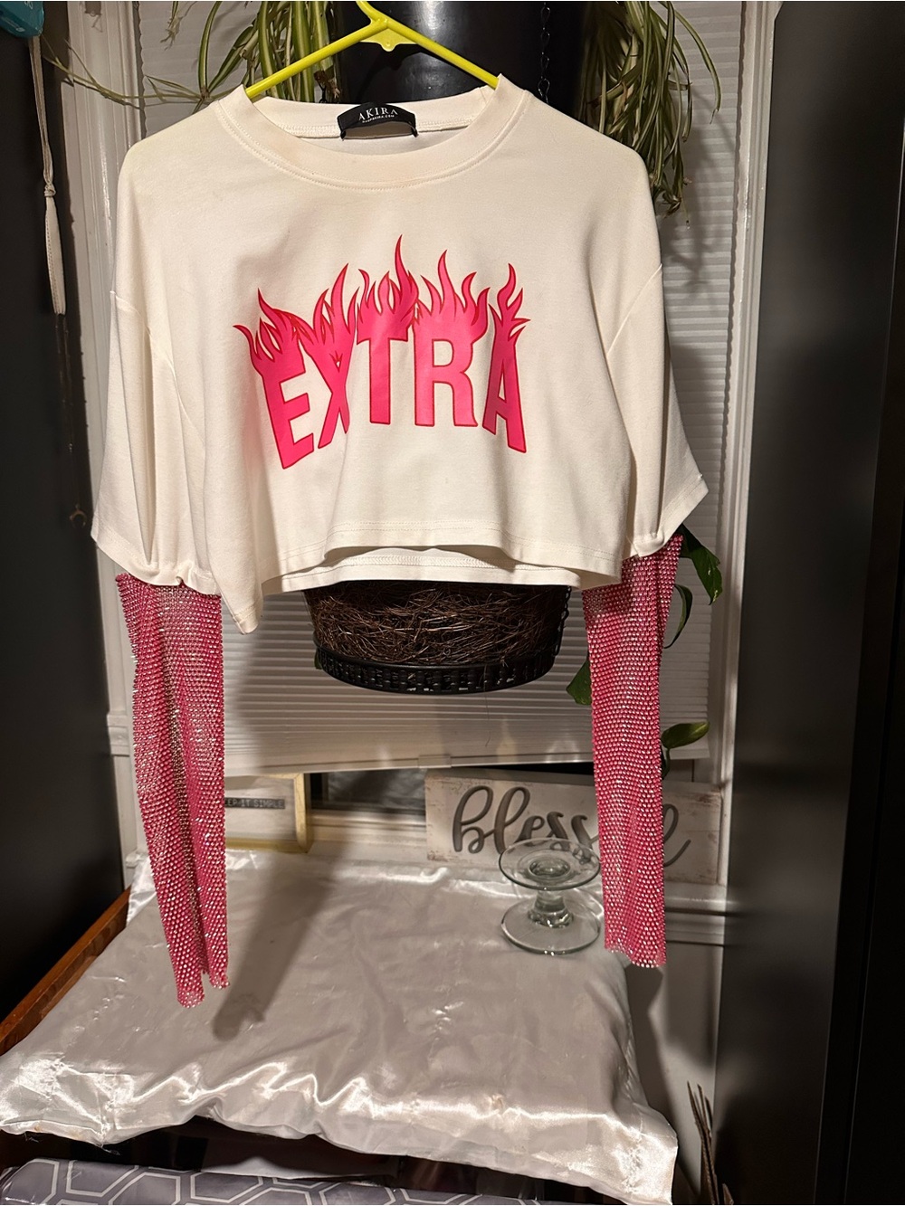 AKIRA Hot & Bothered “EXTRA” Rhinestone Sleeved Crop Top - Picture 2 of 10